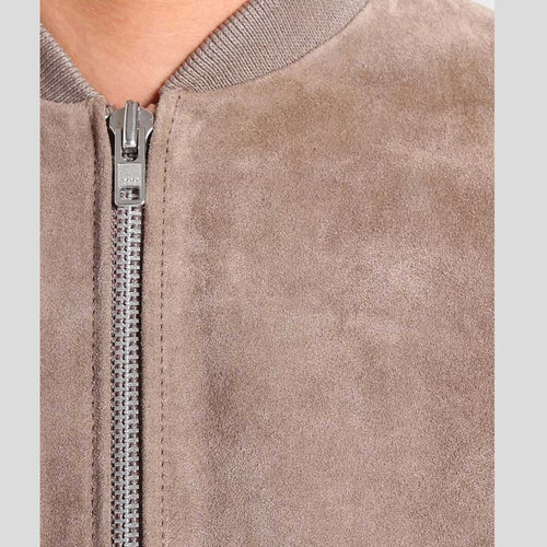 Chaqueta de cuero bomber para hombre de ante gris Rolf | Piel de cordero auténtica | Prenda de cuero de grano completo