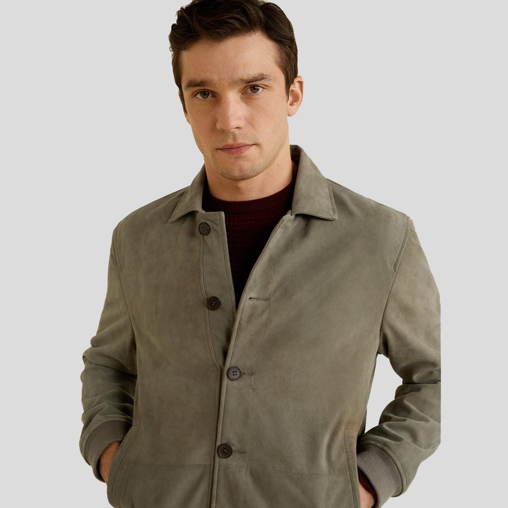 Men's Oren Grey Suede Bomber Leather Jacket | Button-Down Style | Full Grain Apparel