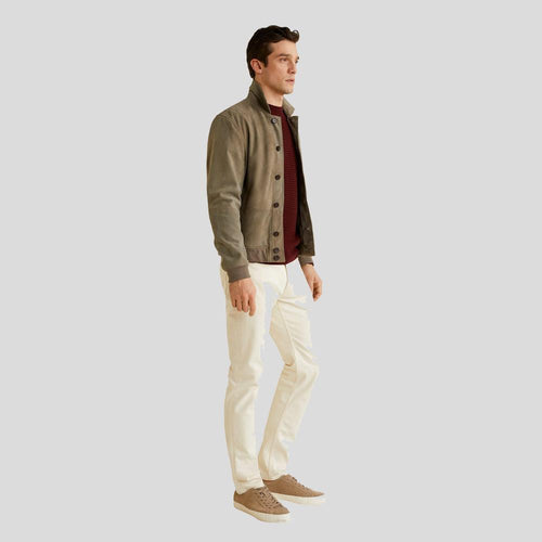 Chaqueta bomber de cuero de ante gris Oren para hombre | Estilo abotonado | Prenda de piel plena flor