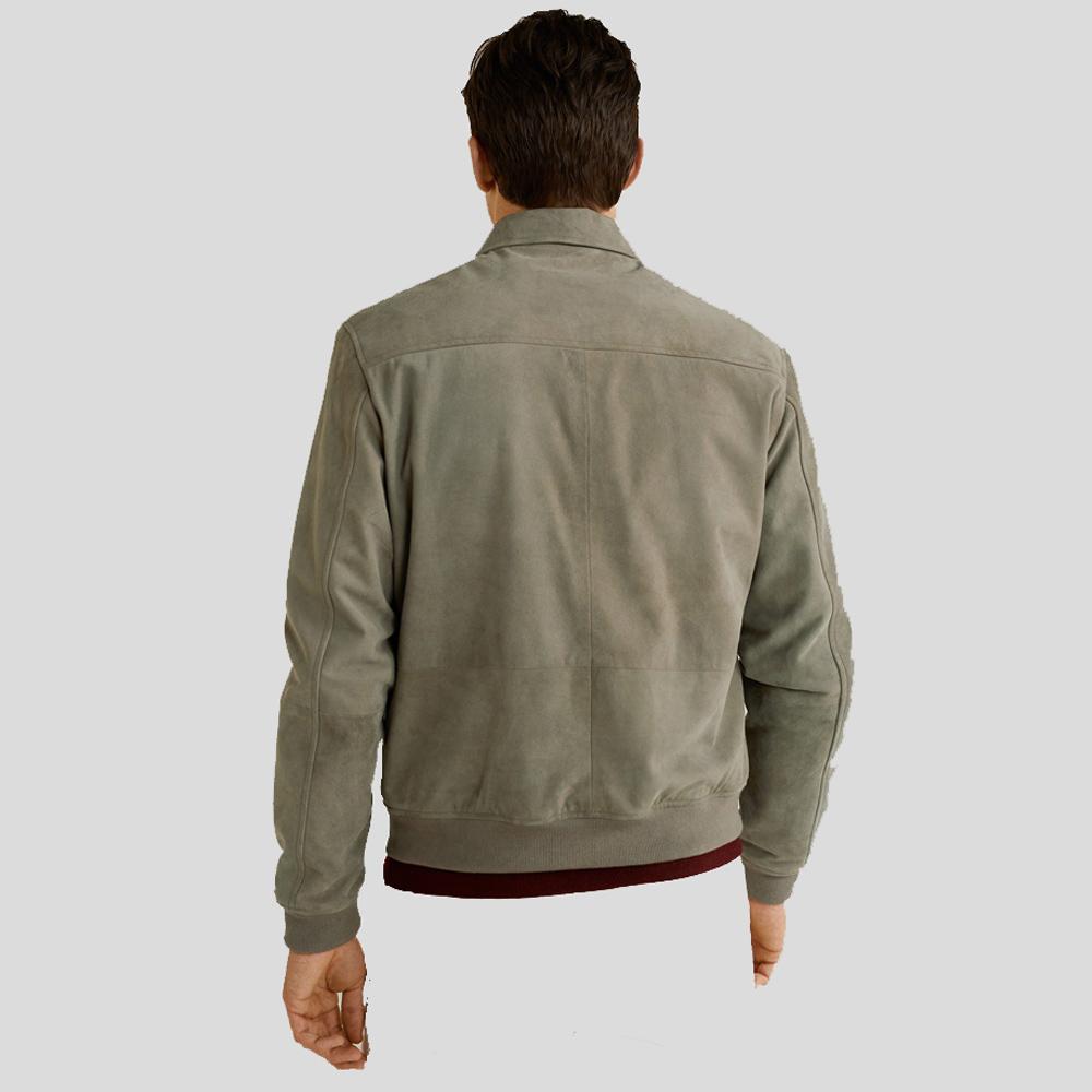 Men's Oren Grey Suede Bomber Leather Jacket | Button-Down Style | Full Grain Apparel