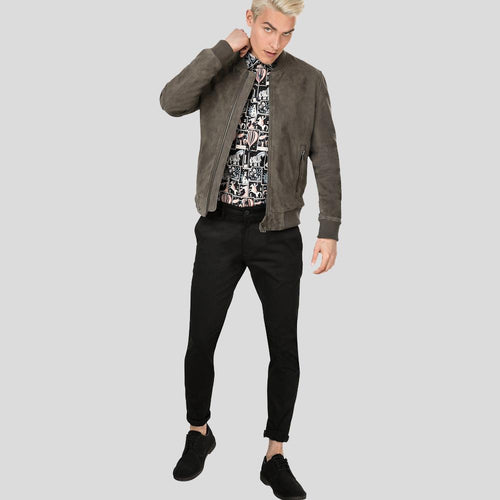 Chaqueta de cuero bomber de ante gris Zord para hombre | Lujo urbano | Prenda de piel de plena flor