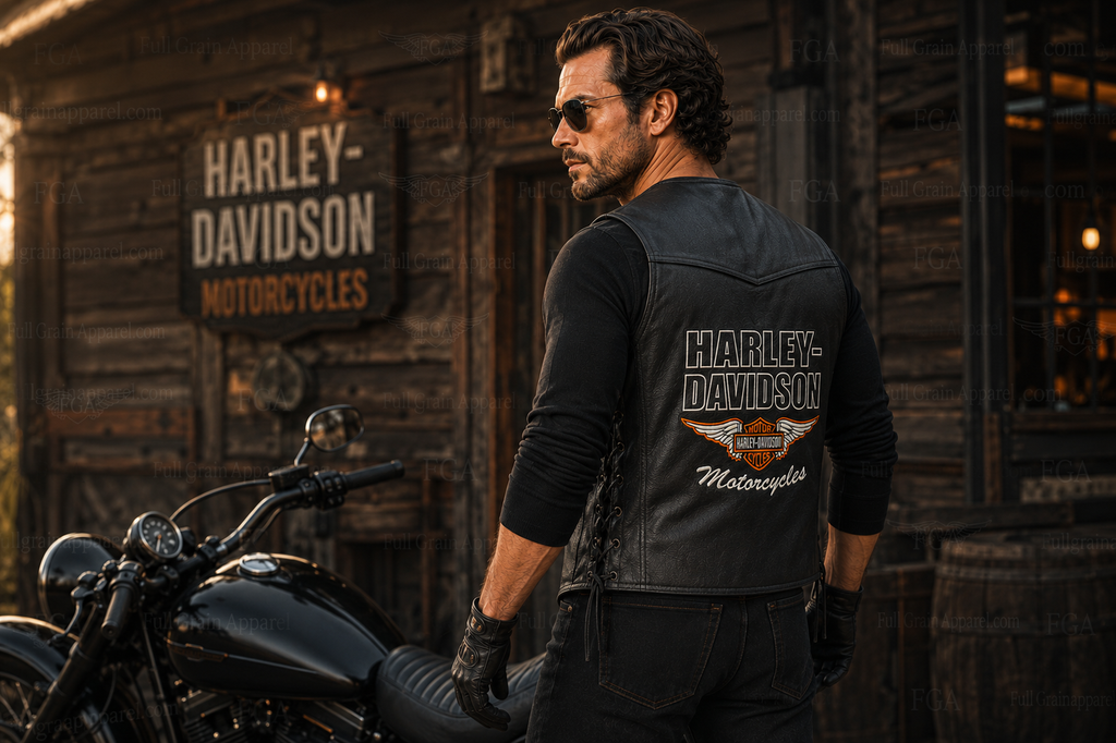 Harley-Davidson black leather motorcycle vest beside a motorcycle