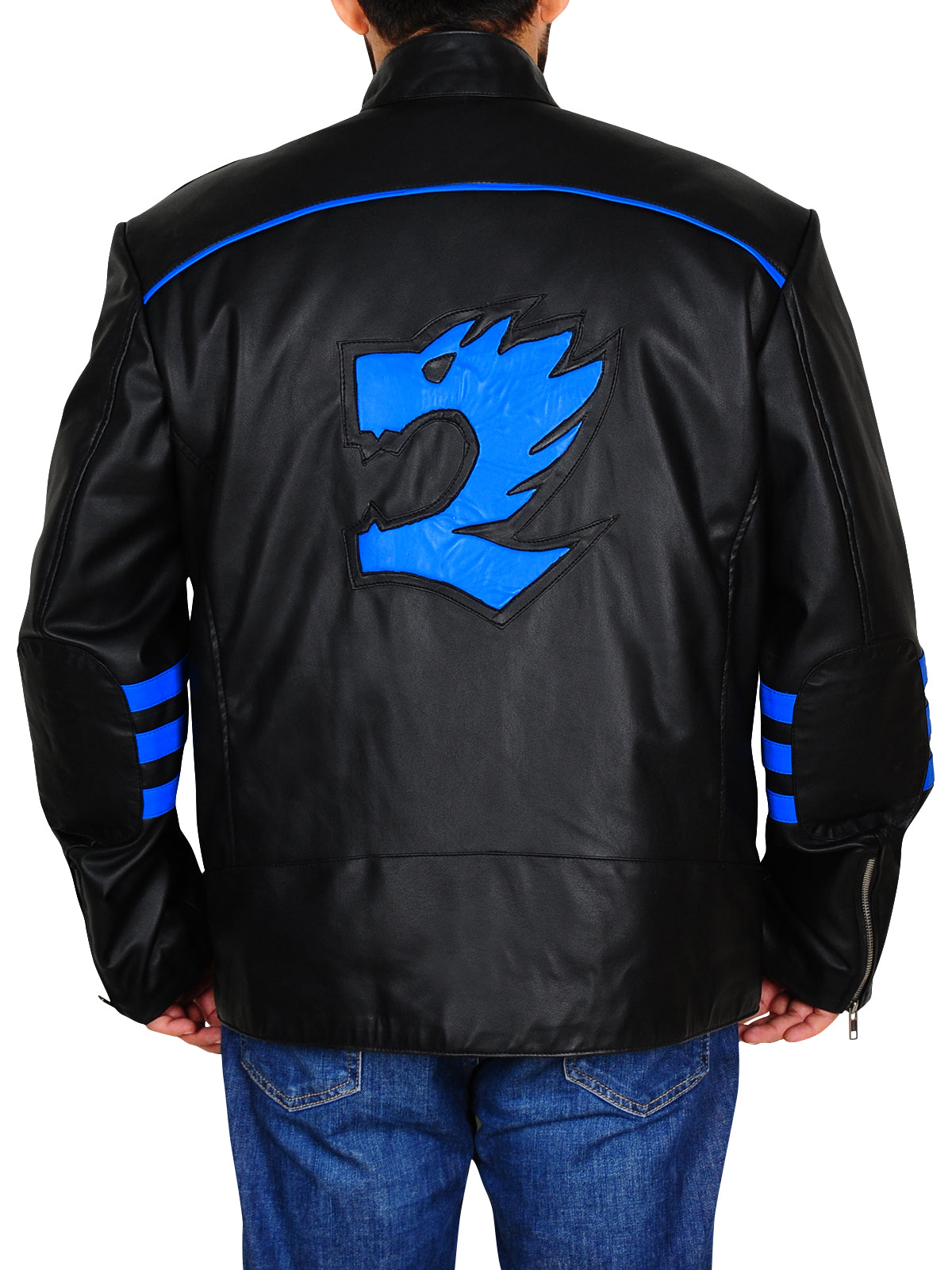 Chaqueta de cuero de motociclista negra y azul para hombre | Estilo Moto Eléctrica | Prenda de piel plena flor