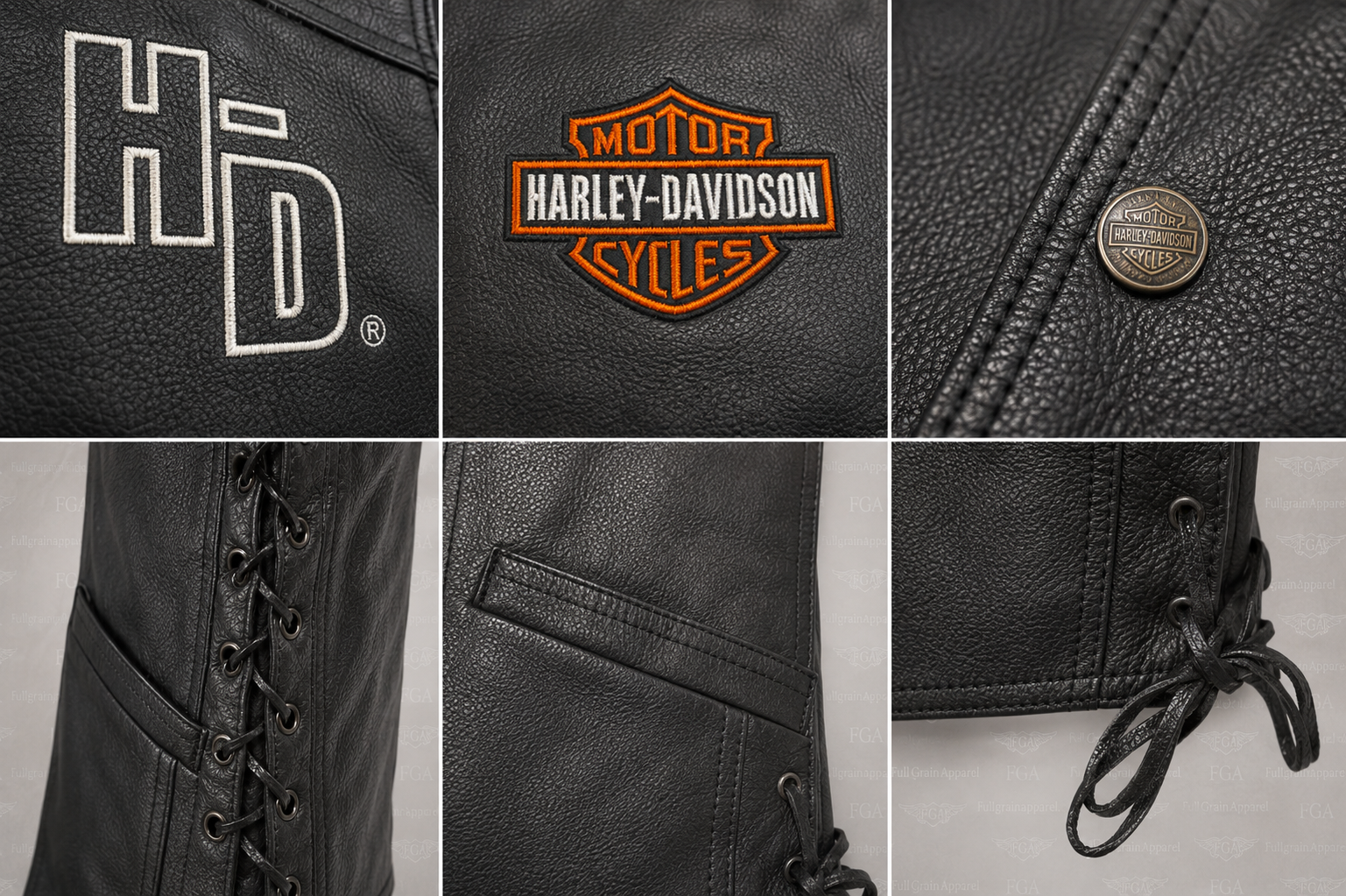 Harley-Davidson motorcycle vest embroidered logos buttons pocket and side lacing