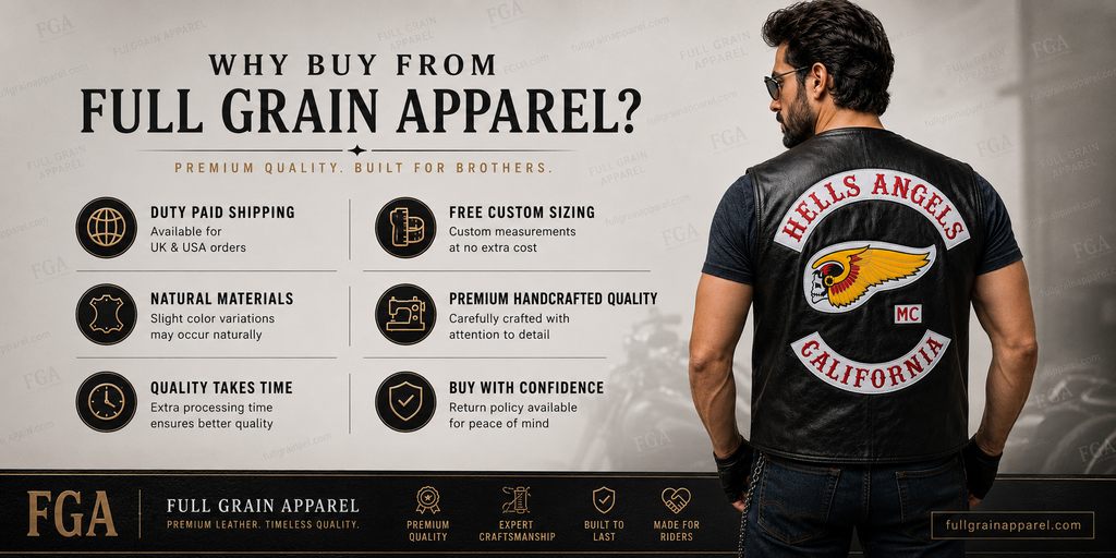Hells Angels California black leather motorcycle vest and Full Grain Apparel benefits