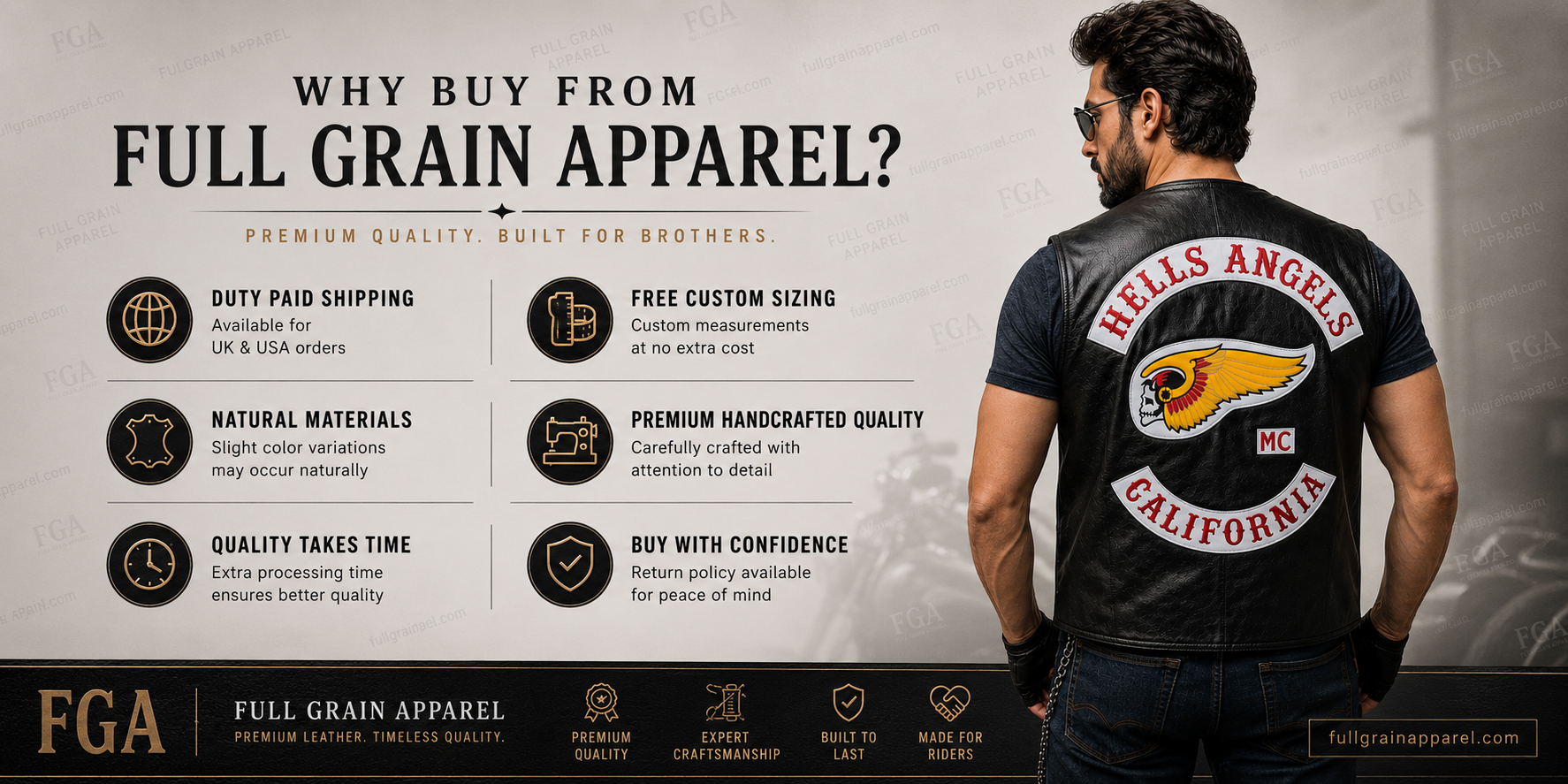 Hells Angels California black leather motorcycle vest and Full Grain Apparel benefits