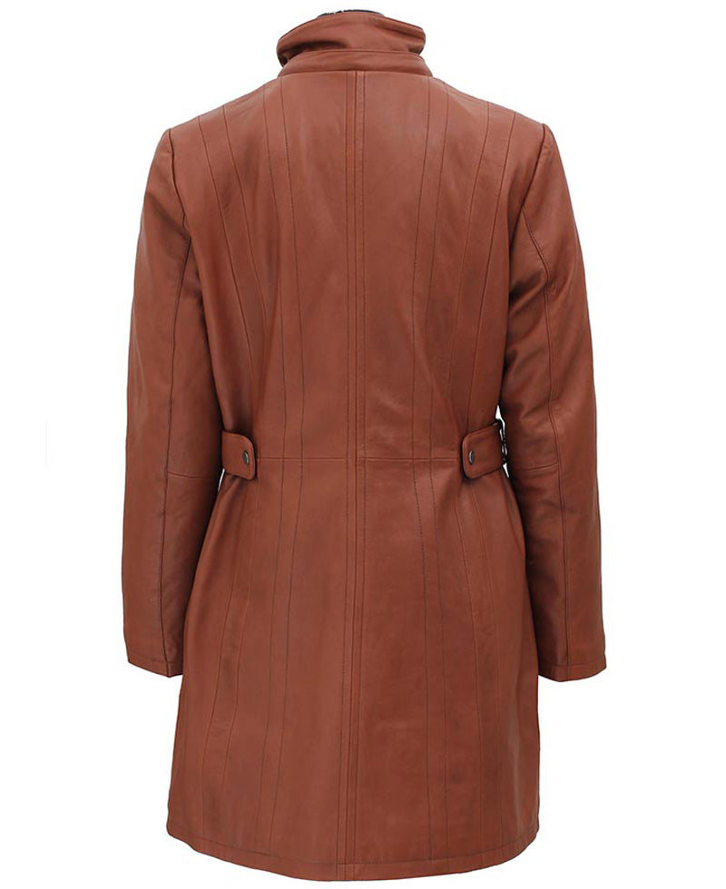 Women’s Brown Leather Coat | 3/4 Length with Removable Fur Hood | Full Grain Apparel