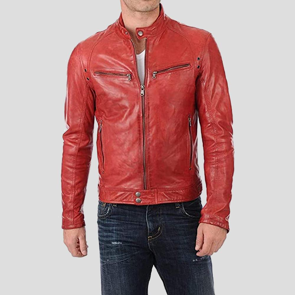 Men’s Hunter Red Racer Leather Jacket | Rugged Biker Streetwear | Full Grain Apparel
