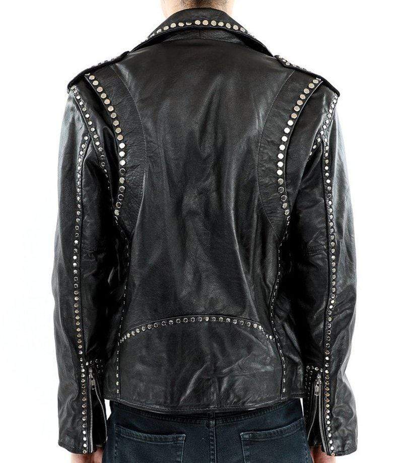 Chaqueta de motociclista de cuero negra y plateada para hombre con tachuelas | Ropa de piel plena flor
