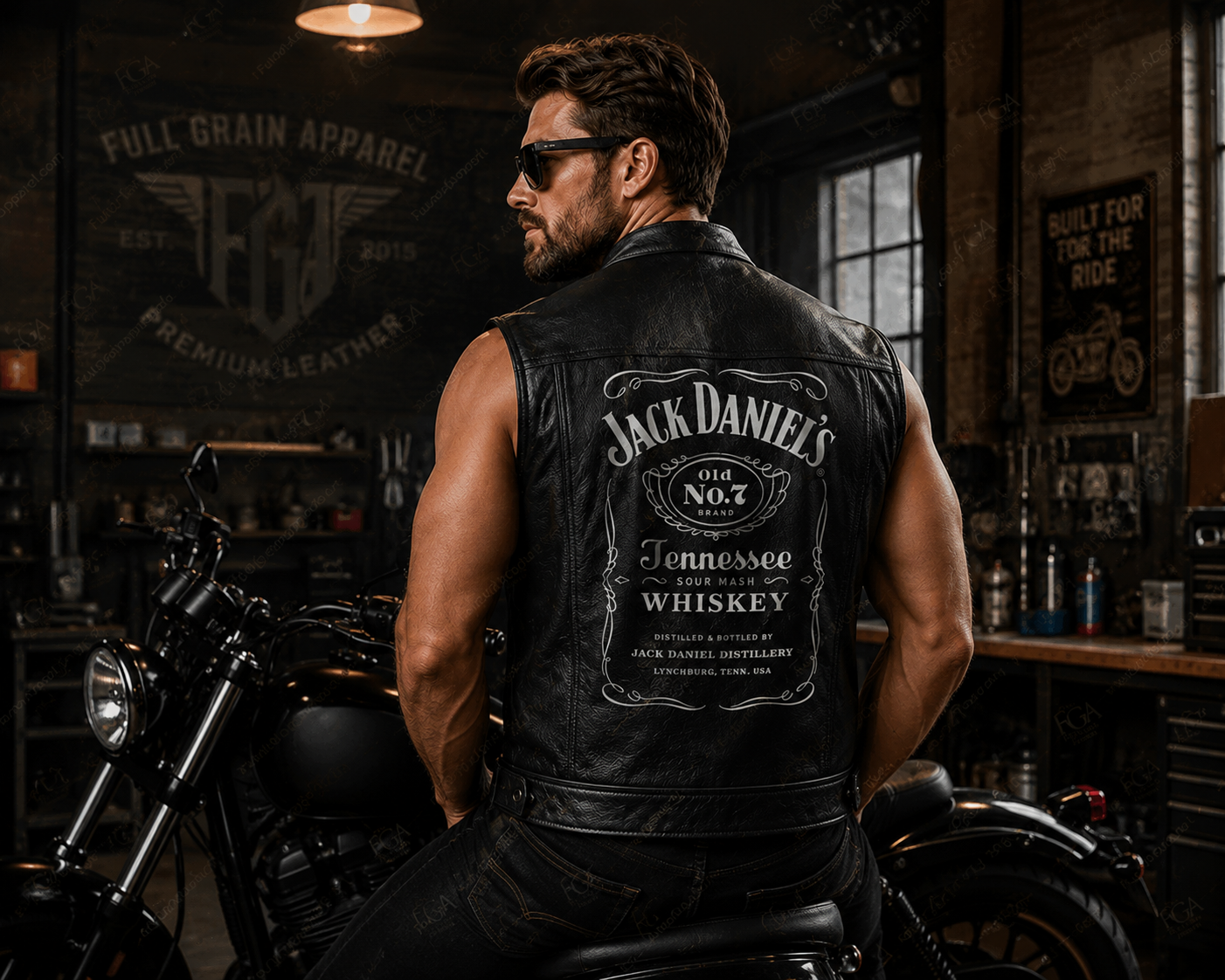 Men’s Jack Daniel’s biker vest back graphic in a motorcycle workshop