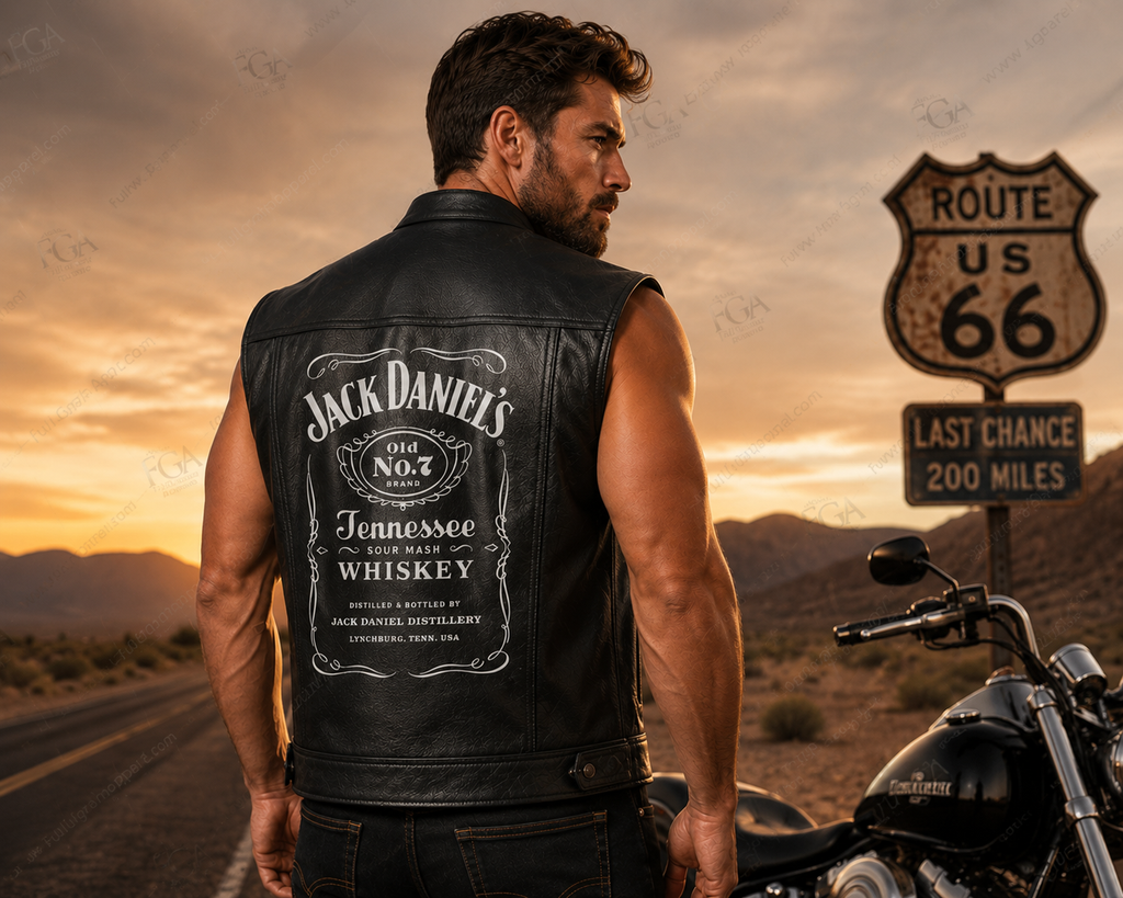 Jack Daniel’s leather vest back view beside a motorcycle on Route 66