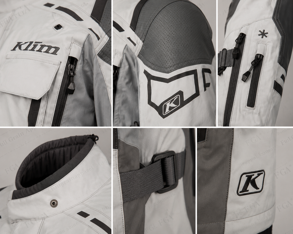 KLIM motorcycle jacket chest pocket shoulder panel zipper collar and strap details