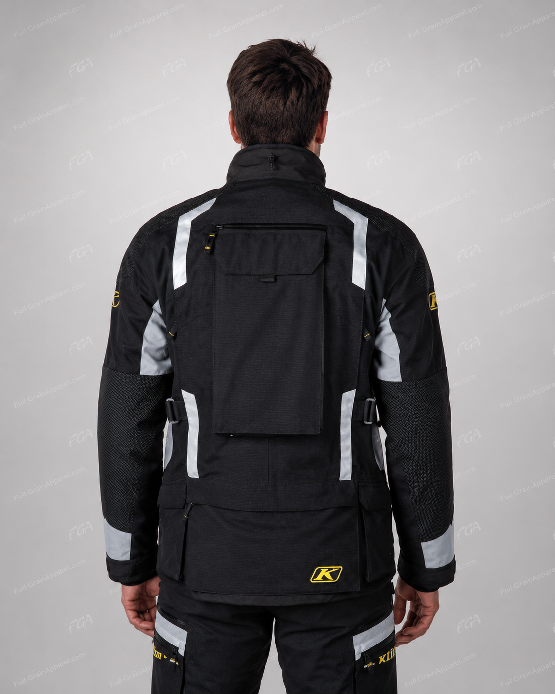 KLIM touring motorcycle jacket back view with rear storage pocket