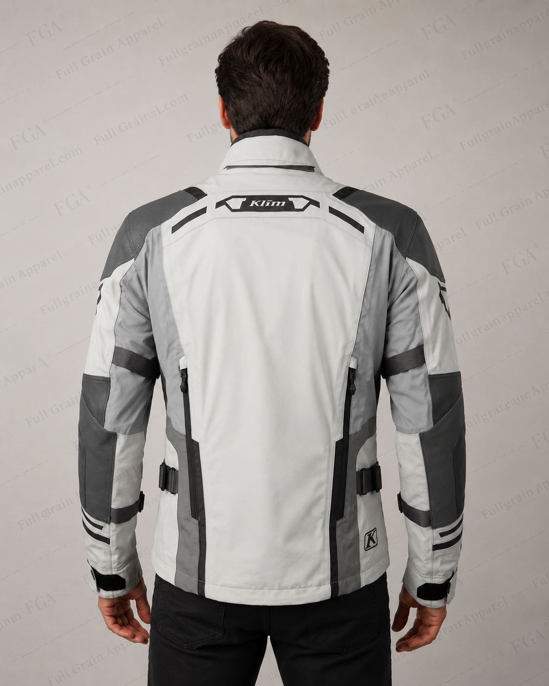 KLIM white touring riding jacket back view with grey reinforced panels