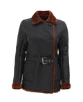 Women’s Black Double-Breasted Shearling Leather Coat | 3/4 Length | Full Grain Apparel