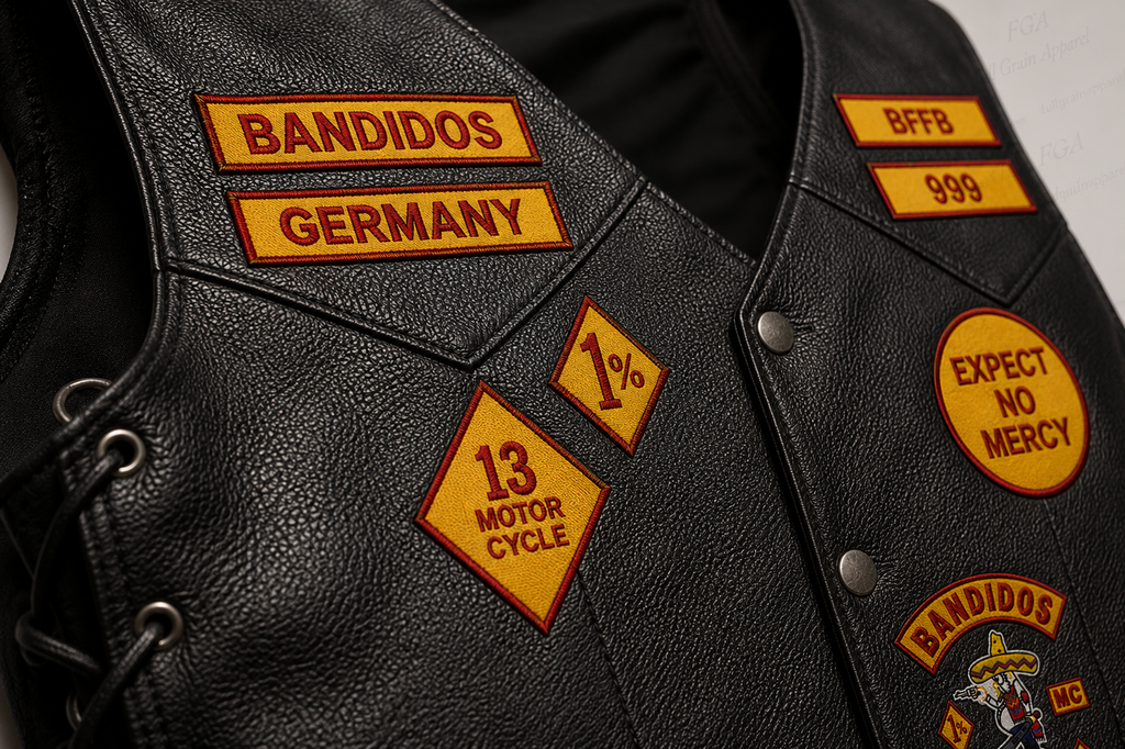 Black leather motorcycle vest embroidered patch detail