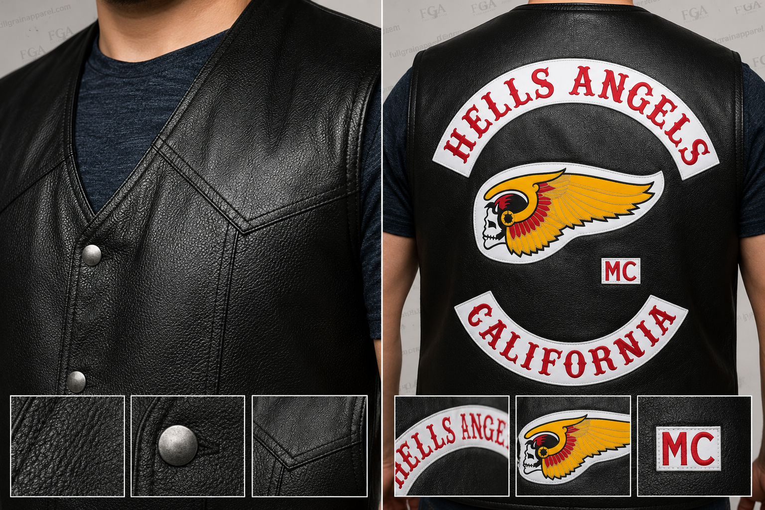 Leather riding vest front texture and California back patch detail