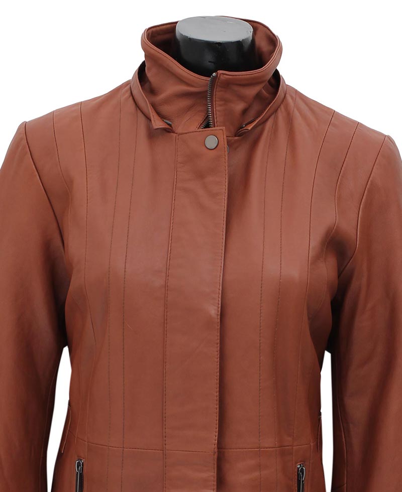 Women’s Brown Leather Coat | 3/4 Length with Removable Fur Hood | Full Grain Apparel