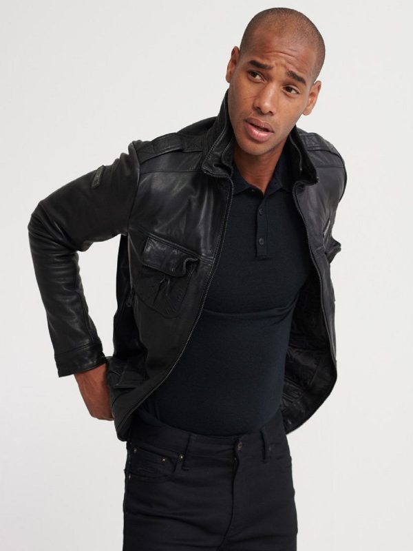 Chaqueta de cuero negra exclusiva para hombre | Cuello alto de cuero puro estilo moto | Prenda de piel de grano completo