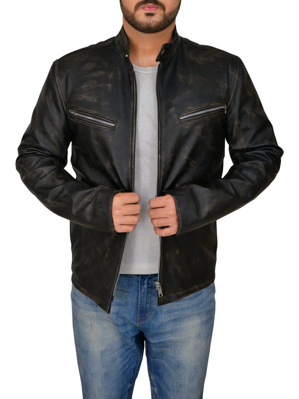 Men’s Distressed Black Cafe Racer Jacket | Vintage Moto Stealth | Full Grain Apparel