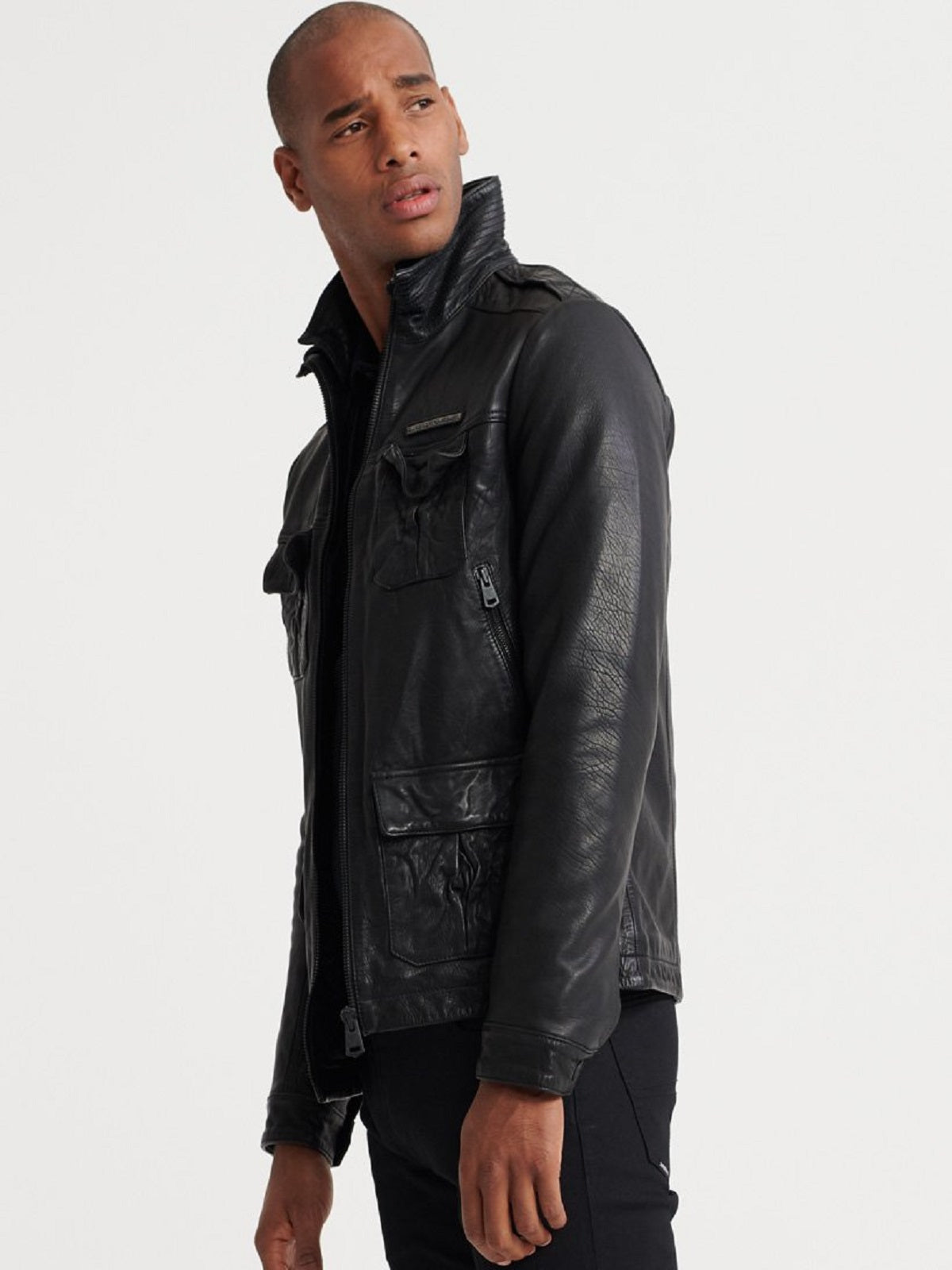 Chaqueta de cuero negra exclusiva para hombre | Cuello alto de cuero puro estilo moto | Prenda de piel de grano completo