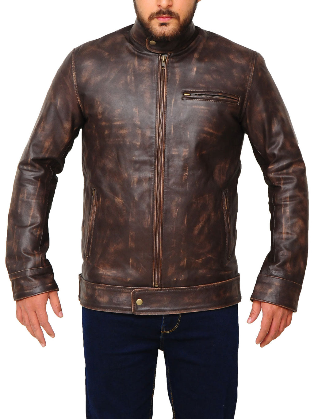 Men’s Distressed Brown Snap-Tab Leather Jacket | Minimalist Vintage Racer | Full Grain Apparel