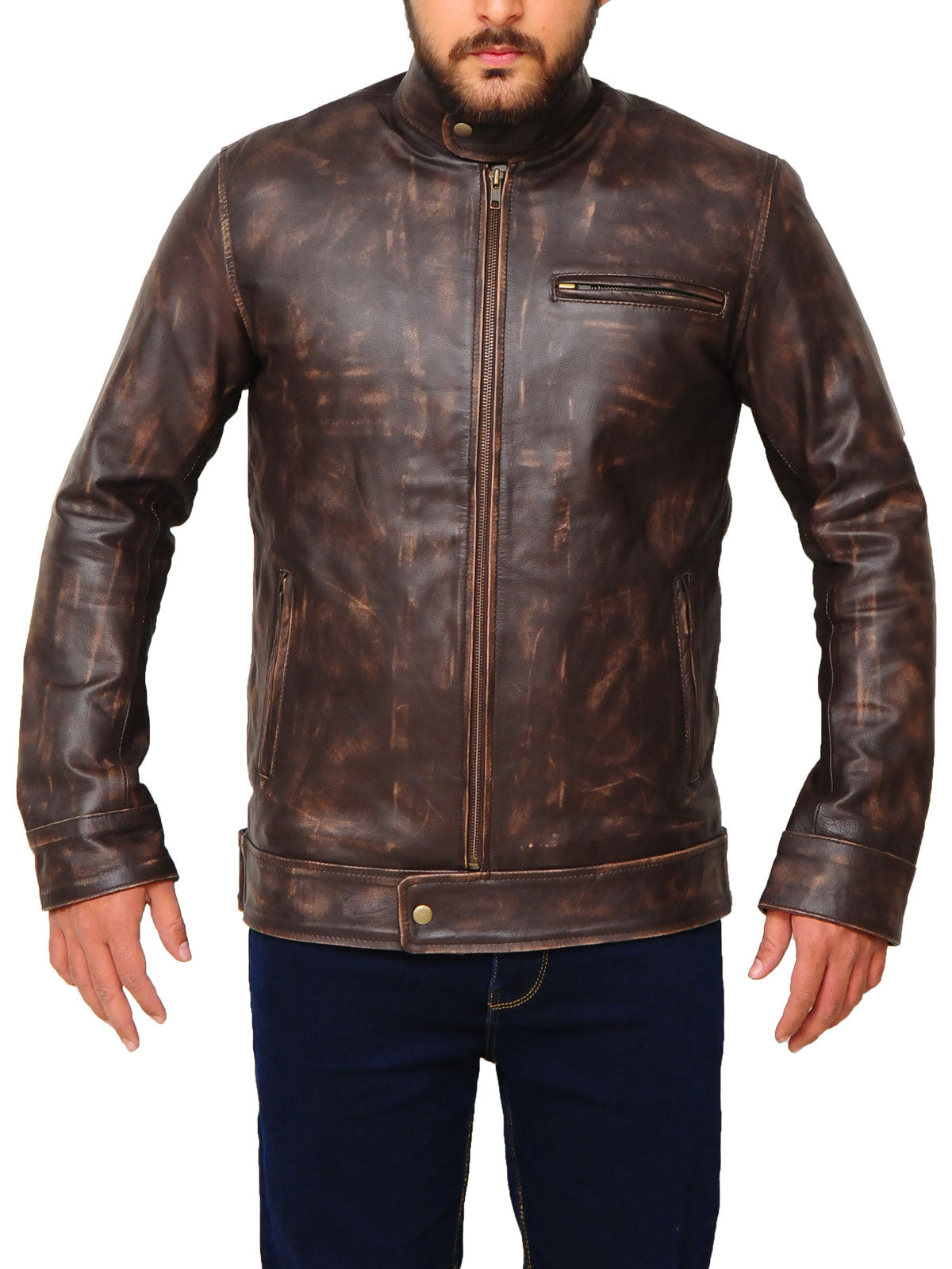 Men’s Distressed Brown Snap-Tab Leather Jacket | Minimalist Vintage Racer | Full Grain Apparel