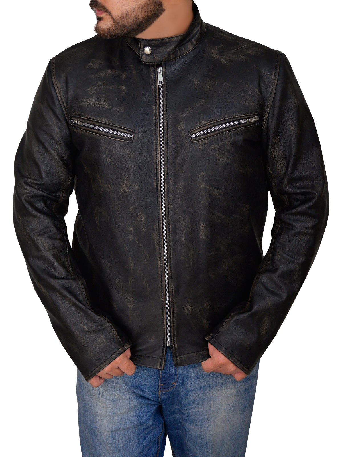 Chaqueta Cafe Racer Negra Desgastada para Hombre | Moto Vintage Sigilosa | Ropa de Piel de Grano Completo