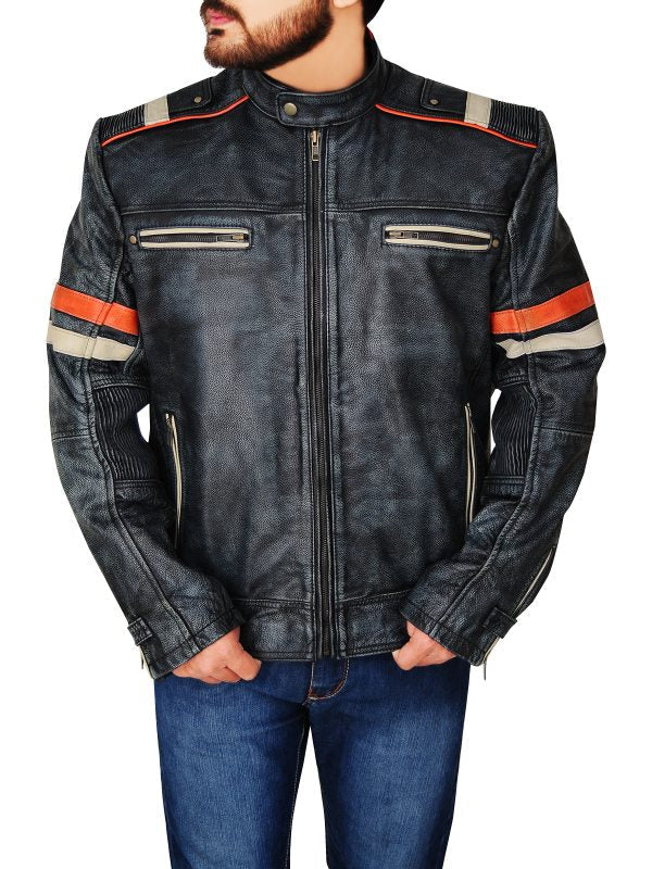 Men’s Distressed Black Cafe Racer Jacket | Vintage Moto Style | Full Grain Apparel