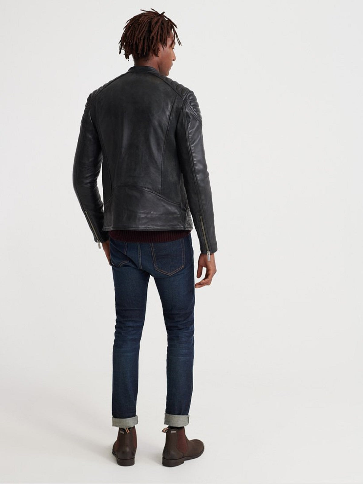 Chaqueta de cuero Cafe Racer Stealth Black para hombre | Moto minimalista urbana | Prendas de piel plena flor