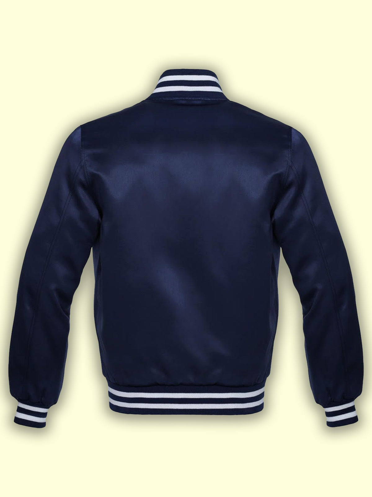 Men’s Navy Blue Satin Bomber Jacket | Retro Athletic Shine | Full Grain Apparel