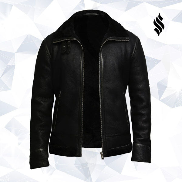 Men’s Aviator Black B3 World War 2 Real Shearling Sheepskin Flying Jacket | Rugged Stealth Heritage | Full Grain Apparel