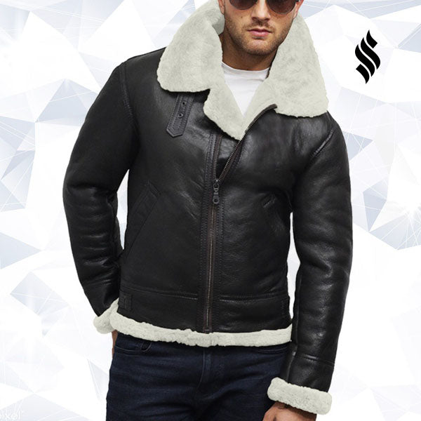 Chaqueta de aviador para hombre de piel de oveja real con borrego | Autoridad invernal robusta | Prenda de cuero de plena flor