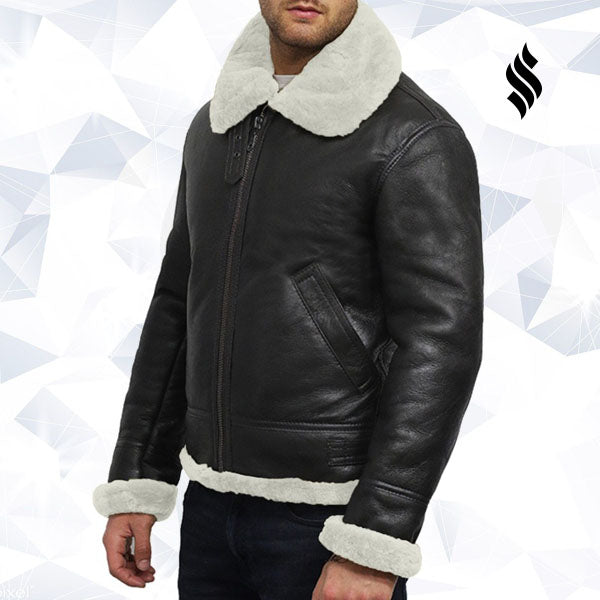Chaqueta de aviador para hombre de piel de oveja real con borrego | Autoridad invernal robusta | Prenda de cuero de plena flor