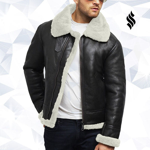 Chaqueta de aviador para hombre de piel de oveja real con borrego | Autoridad invernal robusta | Prenda de cuero de plena flor