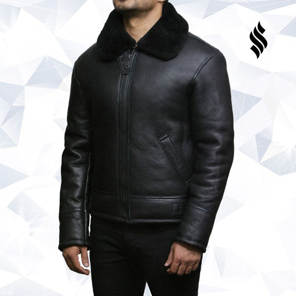 Men’s Black Aviator B3 Real Shearling Sheepskin Bomber Flying Pilot Jacket | Rugged Stealth Authority | Full Grain Apparel