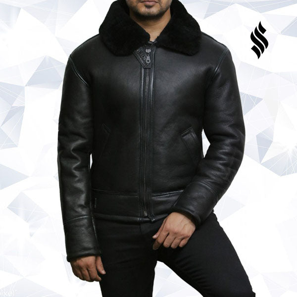 Men’s Black Aviator B3 Real Shearling Sheepskin Bomber Flying Pilot Jacket | Rugged Stealth Authority | Full Grain Apparel