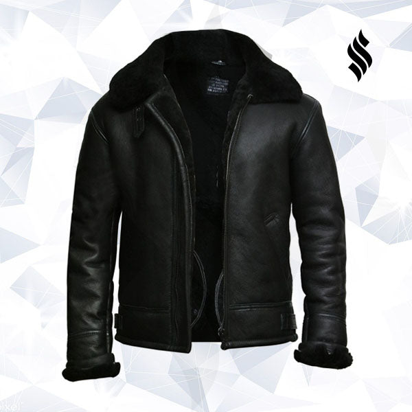 Men’s Black Aviator B3 Real Shearling Sheepskin Bomber Flying Pilot Jacket | Rugged Stealth Authority | Full Grain Apparel