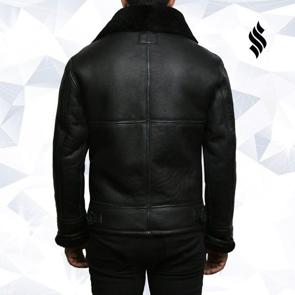 Men’s Black Aviator B3 Real Shearling Sheepskin Bomber Flying Pilot Jacket | Rugged Stealth Authority | Full Grain Apparel