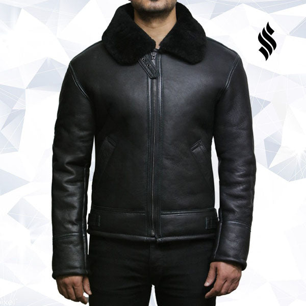 Men’s Black Aviator B3 Real Shearling Sheepskin Bomber Flying Pilot Jacket | Rugged Stealth Authority | Full Grain Apparel