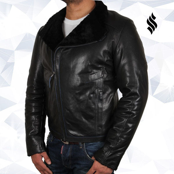 Chaqueta de piel de oveja negra para hombre | Minimalismo robusto de invierno | Ropa de plena flor