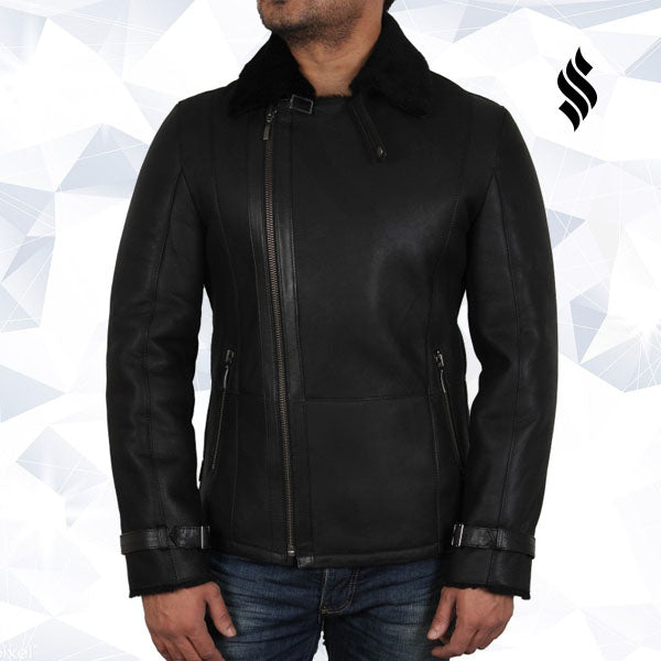 Men’s Luxury Aviator Black Leather Shearling Sheepskin Flying Coat | Rugged Urban Sophistication | Full Grain Apparel
