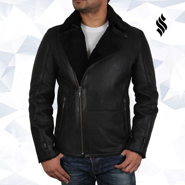 Men’s Luxury Aviator Black Leather Shearling Sheepskin Flying Coat | Rugged Urban Sophistication | Full Grain Apparel