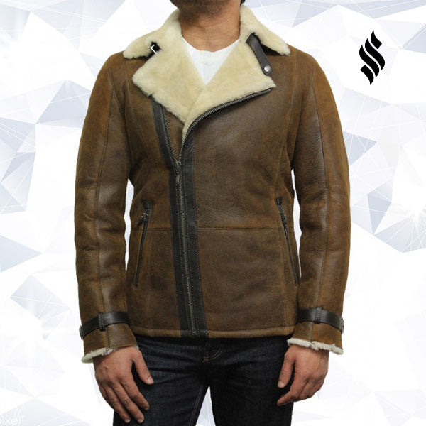 Men’s Luxury Aviator Rust Brown Shearling Sheepskin Flying Jacket | Rugged Earthy Sophistication | Full Grain Apparel