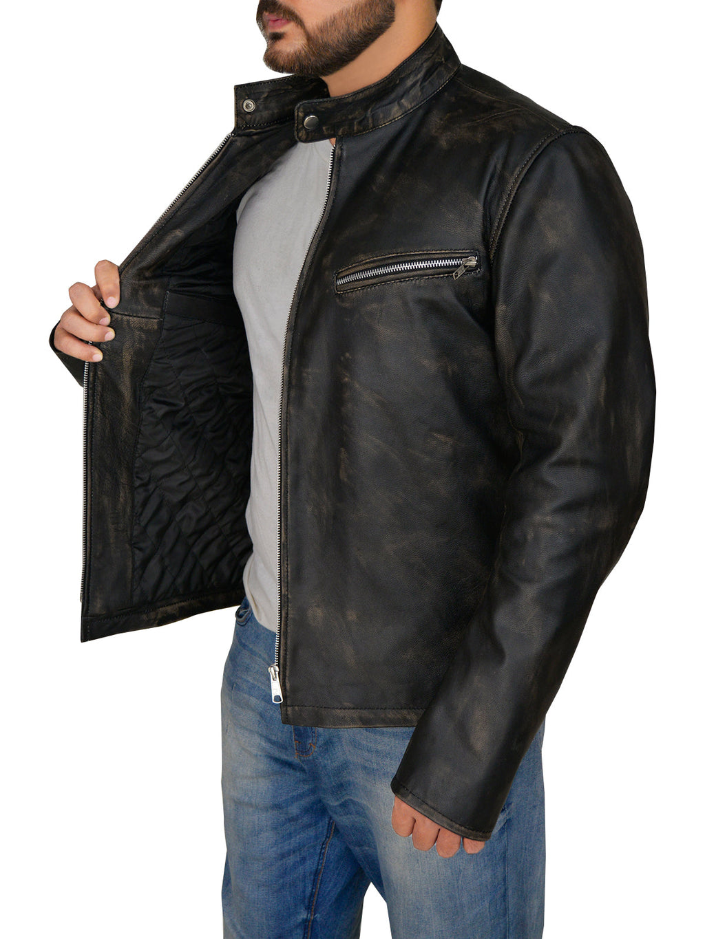 Chaqueta Cafe Racer Negra Desgastada para Hombre | Moto Vintage Sigilosa | Ropa de Piel de Grano Completo