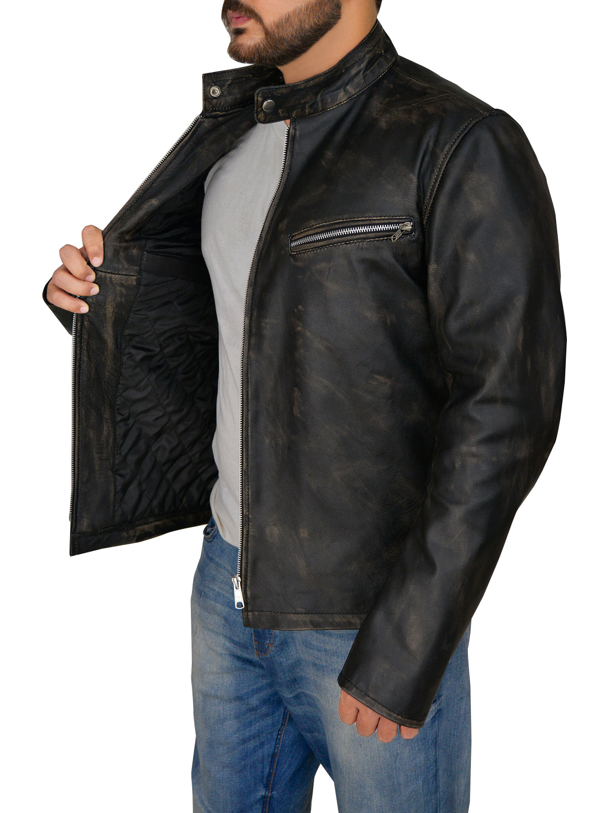 Chaqueta Cafe Racer Negra Desgastada para Hombre | Moto Vintage Sigilosa | Ropa de Piel de Grano Completo