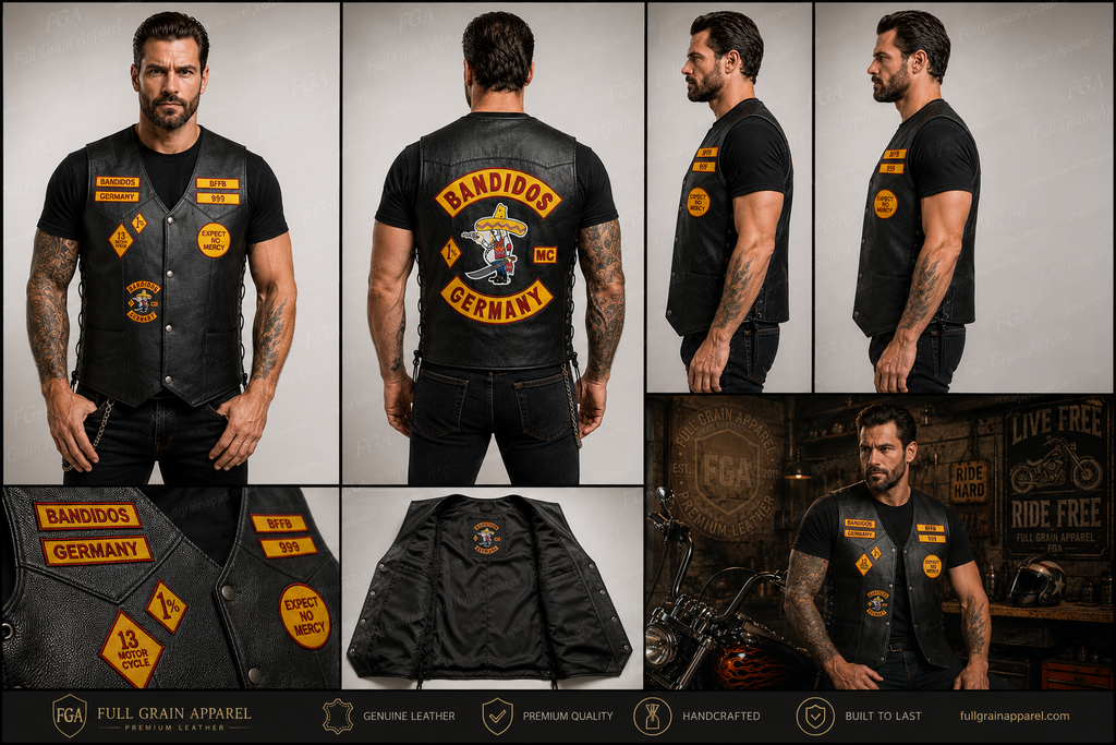 Men’s Bandidos Germany black leather biker vest front back and detail views