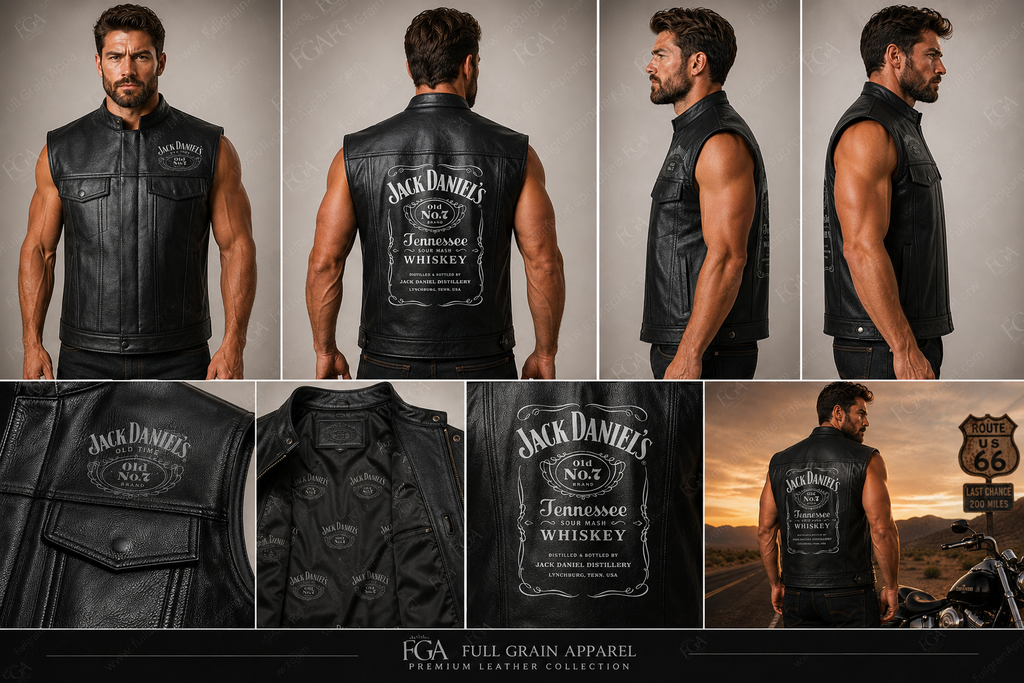 Men’s black leather biker vest front back side and detail views