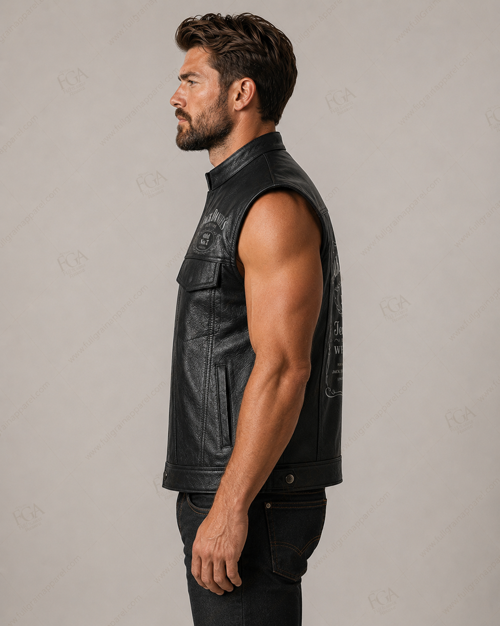 Men’s black leather motorcycle vest side view