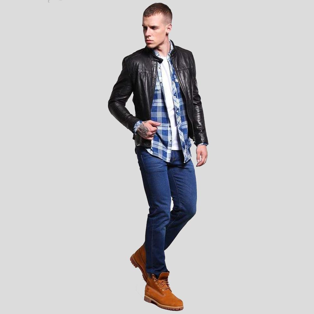 Chaqueta Racer de Cuero Negra Ajustada para Hombre Ferd | Ropa de Piel Plena Flor